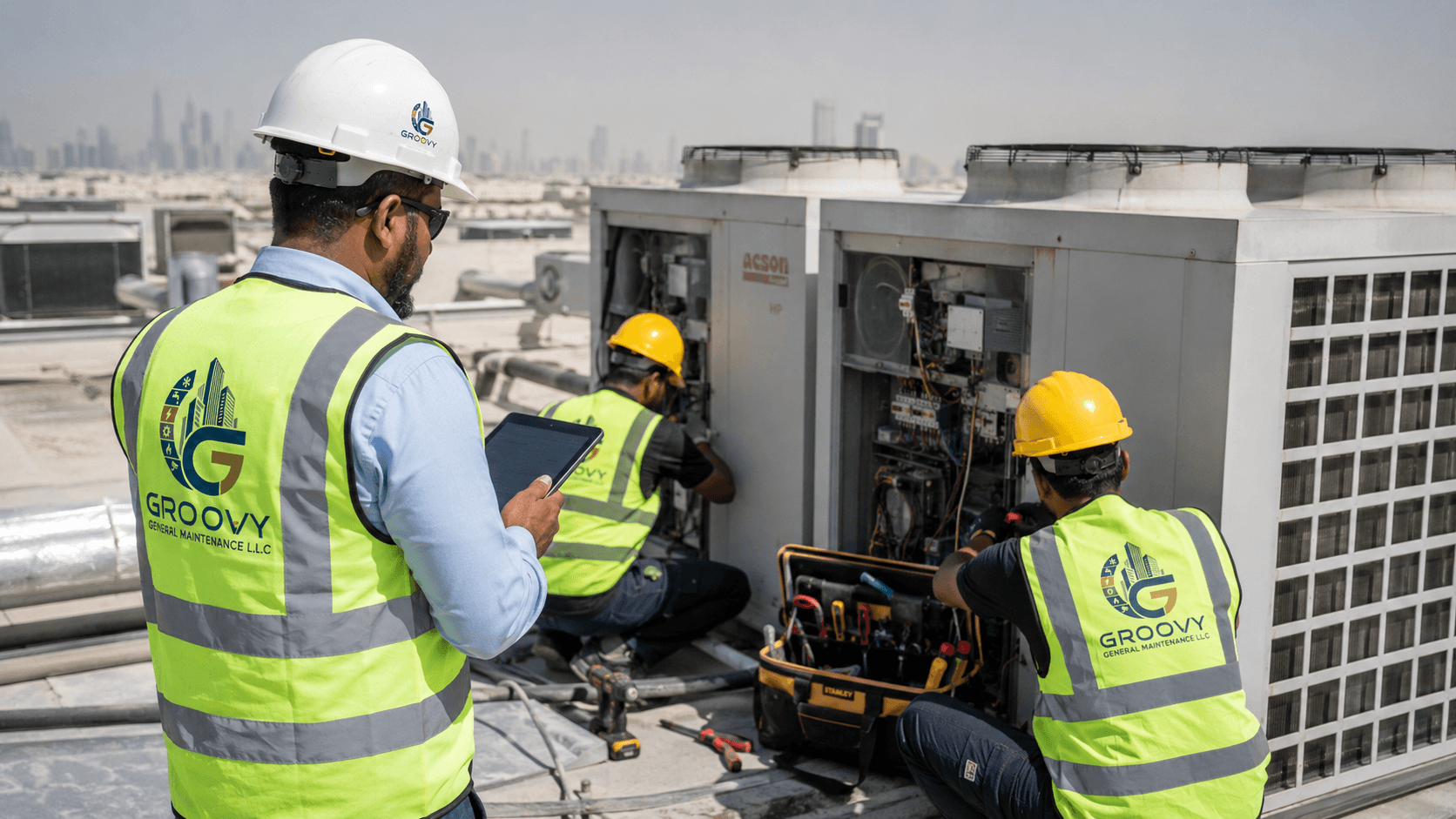 Groovy team on rooftop HVAC installation in Abu Dhabi